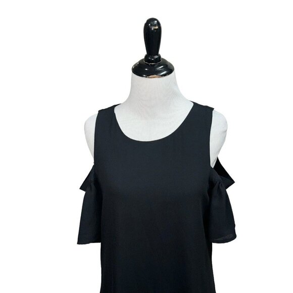 Worthington Women's Size 6 Open Shoulder Mini Dress Ruffle Sleeves Black Lined - Picture 2 of 8